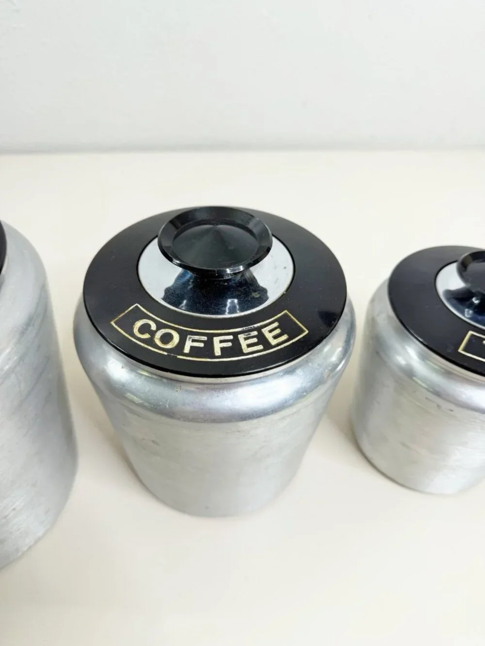 Vintage Kromex Aluminum Canister Set of 4 Flour Sugar Coffee Tea Black Lids EUC